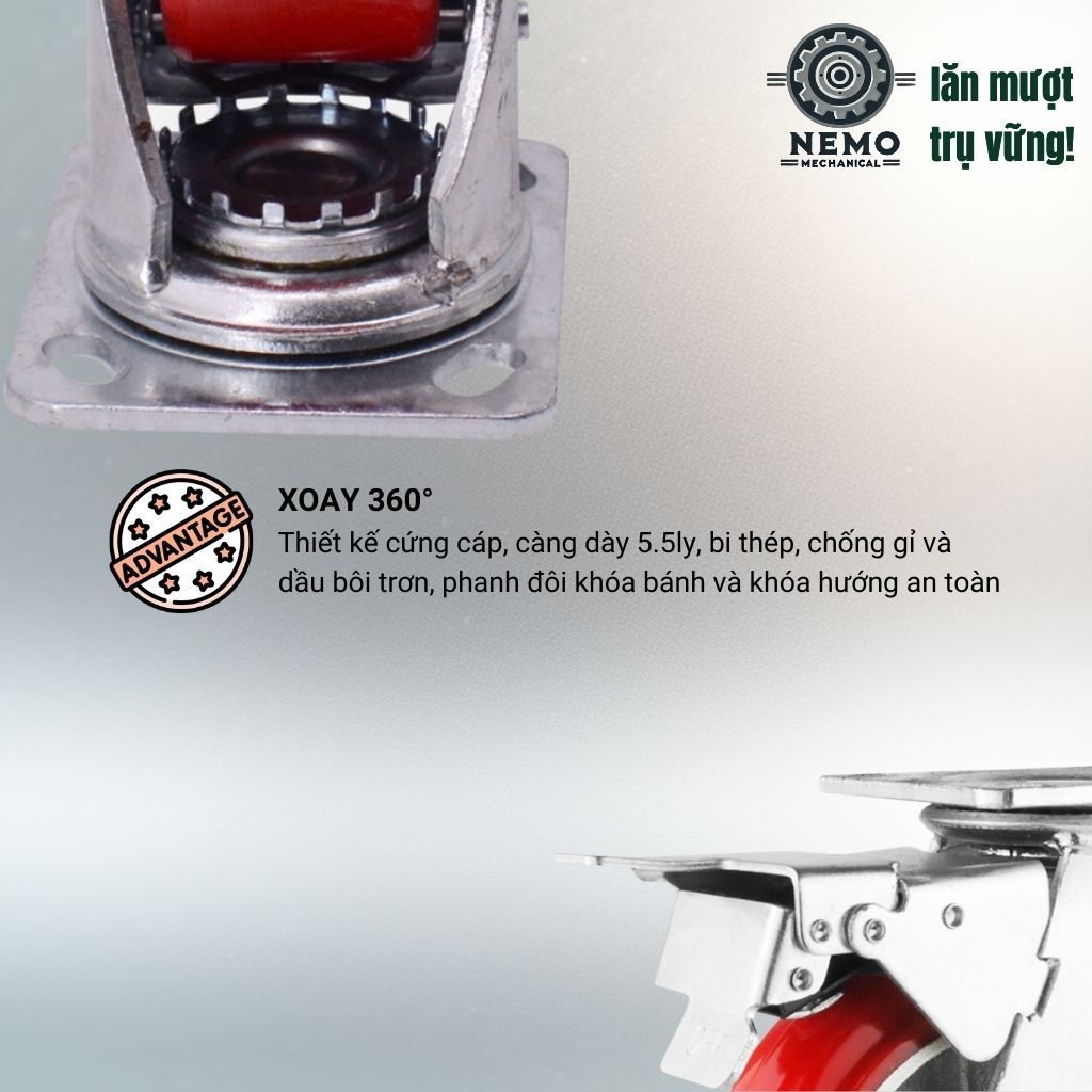 Bánh Xe PU Bo Tròn Tải Nặng – Kiểu Hàn Quốc, Xoay Hướng Linh Hoạt (D100 - D200)